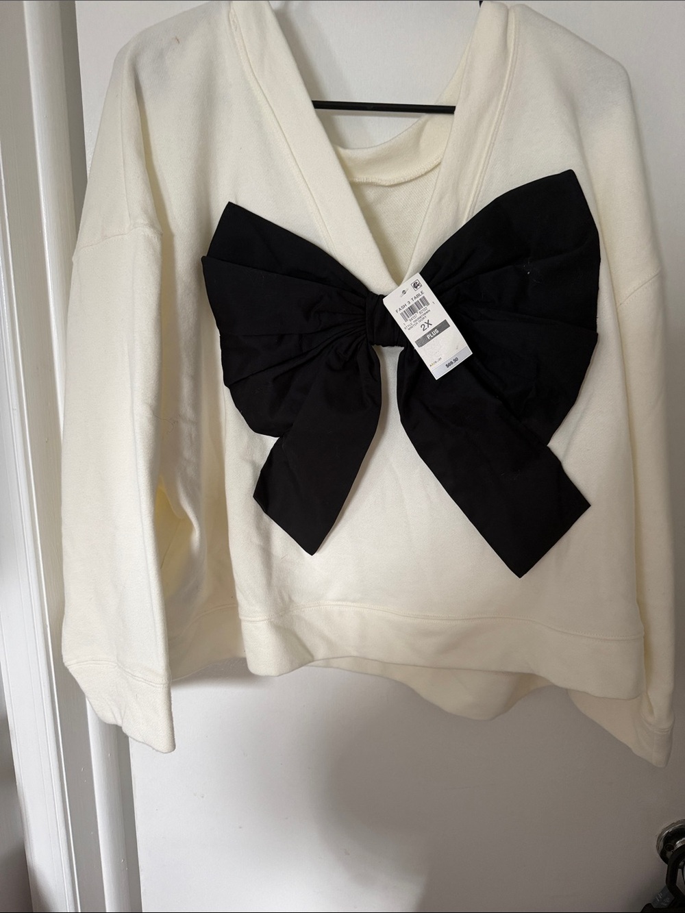 Winter White Sweatshirt with Black Bow Accent - Women's Pullover